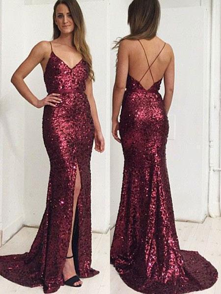 Gold Mermaid Prom Dresses with Slit Backless Formal Dresses, QB0342