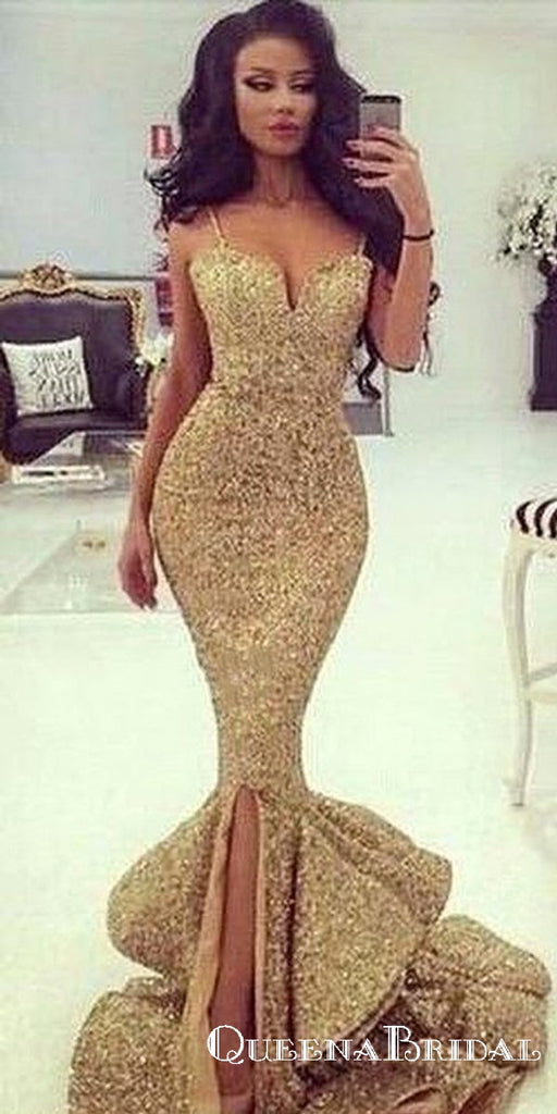 Stunning Mermaid V-neck Sequined with Long Gold Prom Dresses, QB0696