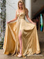 Halter Lace-Up Mesh Gold Long Cheap Prom Dresses with Slit, QB0764