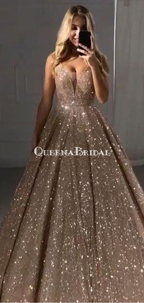 V Neck Sparkly Sequin A-line Long Evening Prom Dresses With Pockets, Cheap Custom Party Prom Dresses, PDS0076