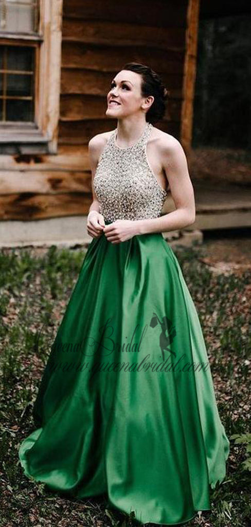 Halter Beaded Green Skirt A-line Long Evening Prom Dresses, QB0445