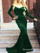 V Neck Off Shoulder Velvet Long Sleeves Mermaid Prom Dresses, QB0549