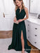 Halter Open Back Long Dark Green Prom Dresses With Keyhole Split, QB0618