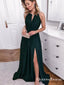 Halter Open Back Long Dark Green Prom Dresses With Keyhole Split, QB0618