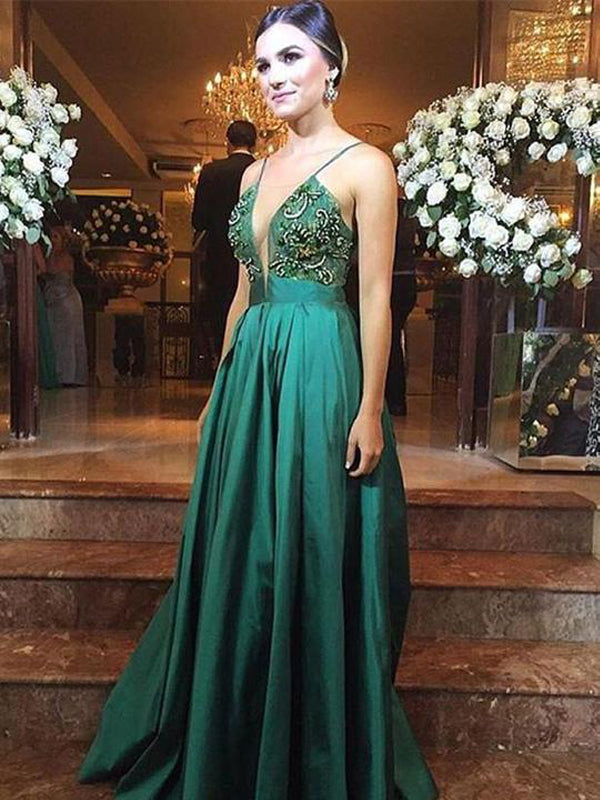 Charming Spaghetti Straps V-neck Green Beaded Formal Long Prom Dresses, QB0478