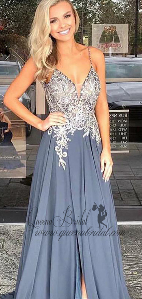 Elegant Spaghetti Straps Grey Beaded Long Evening Prom Dresses, QB0451