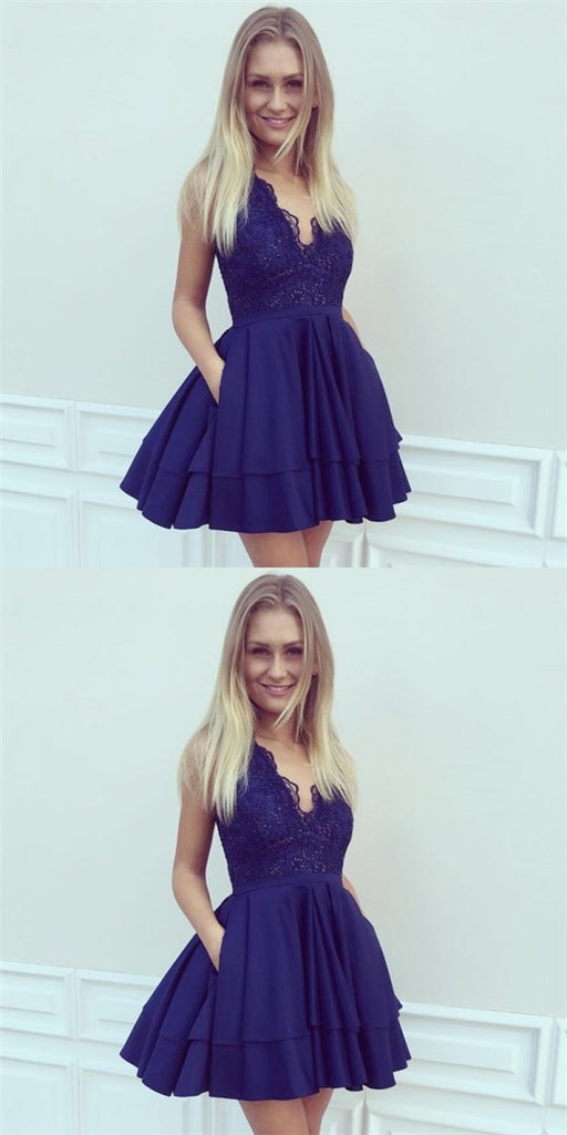 A-Line V-Neck Short Dark Blue Cheap Homecoming Dresses with Lace Pocket, QB0054