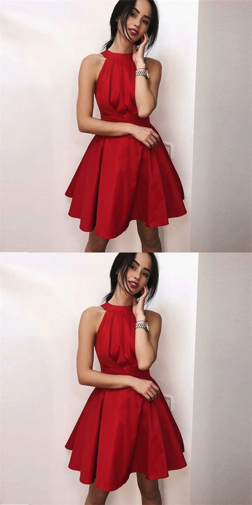 Pretty Halter Sleeveless Cheap Red Short Satin Homecoming Dresses, QB0213