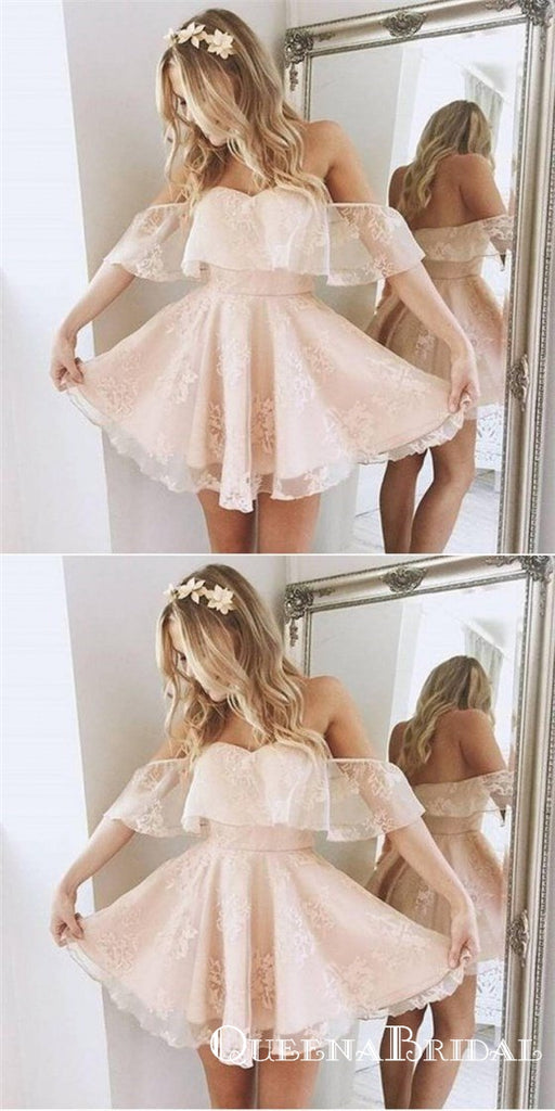 A-Line Off-Shoulder Short Blush Pink Lace Cheap Homecoming Dresses Online, QB0044