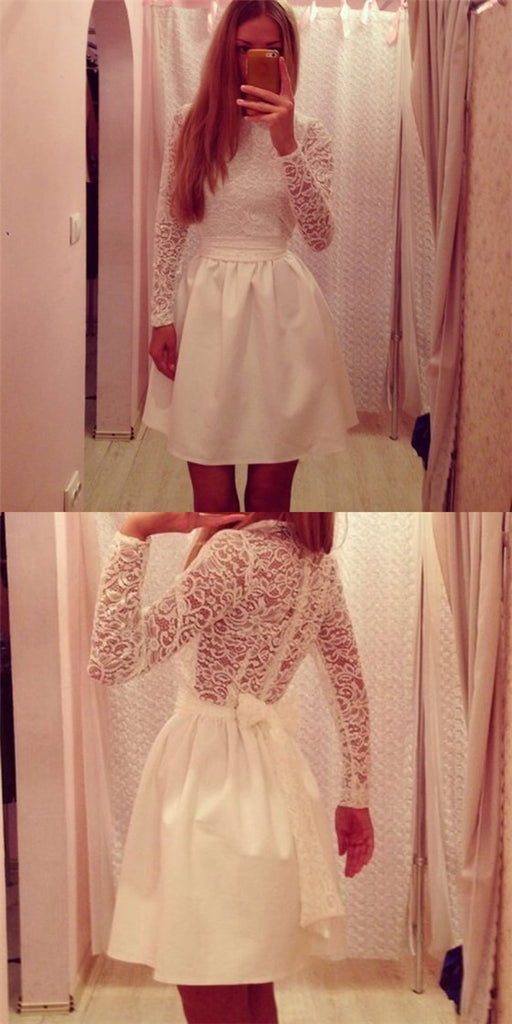 Pretty Jewel Long Sleeves Short Cheap White Homecoming Dresses with Lace, QB0194