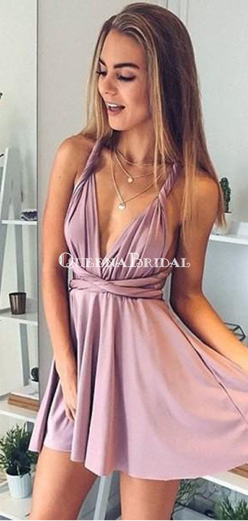 Sexy Deep V-Neck Short Cheap Blush Pink Homecoming Dresses, QB0217