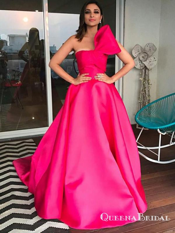 Strapless A Line Hot Pink Long Cheap Satin Prom Dresses With Bow Knot, QB0753