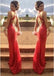 Red Mermaid V-neck Sequined Long Cheap Beading Prom Dresses, QB0698