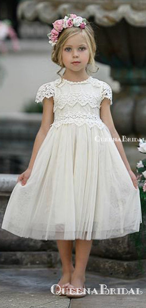 Charming Ivory Tulle Round Neck Short Sleeve Long Cheap Flower Girl Dresses, FGS0007