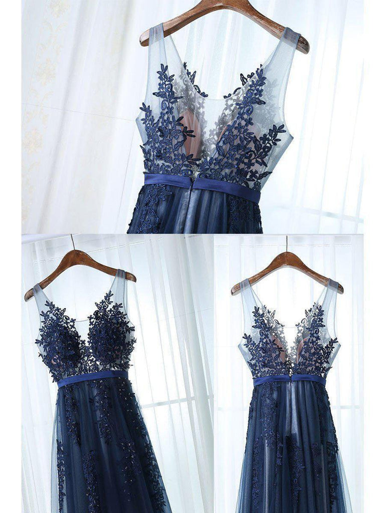 Lace Appliqued Peach Formal Dresses Navy Blue Tulle See Through Prom Dresses, QB0280