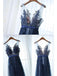 Lace Appliqued Peach Formal Dresses Navy Blue Tulle See Through Prom Dresses, QB0280