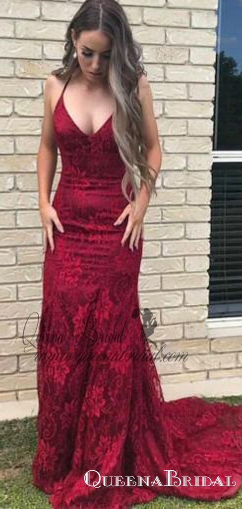 2021 Burgundy Lace Mermaid Long Evening Prom Dresses, QB0453