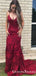 2021 Burgundy Lace Mermaid Long Evening Prom Dresses, QB0453