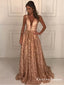 A-Line Deep V-Neck Long Cheap Champagne Lace Prom Dresses with Beading, QB0681