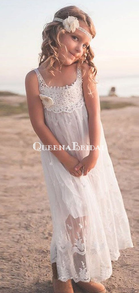 Cute A-Line Scoop Neck White Lace Long Cheap Flower Girl Dresses with Handmade Flower, QB0098