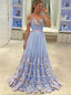 Light Blue Prom Dresses Lace Appliqued Off the Shoulder Long Prom Dresses, QB0337