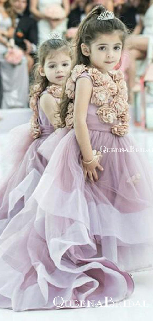 Pretty Round Neck Sweep Train Dusty Pink Cheap Flower Girl Dresses With Handmade Flowers, QB0091