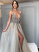 Long Backless Grey Sexy Prom Dresses with Slit Rhinestone See Through Evening Gowns, QB0286