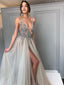 Long Backless Grey Sexy Prom Dresses with Slit Rhinestone See Through Evening Gowns, QB0286