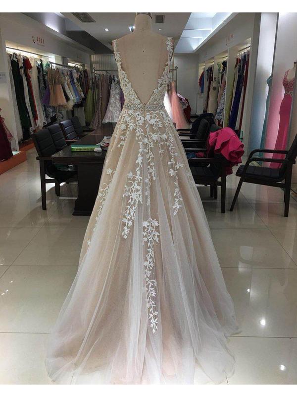 Long Lace Applique Prom Dresses Cheap Ball Gown Prom Dress, QB0283