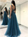 Long See Through Thigh Slit Blue Prom Dresses Backless Beaded Lace Prom Dresses, QB0334