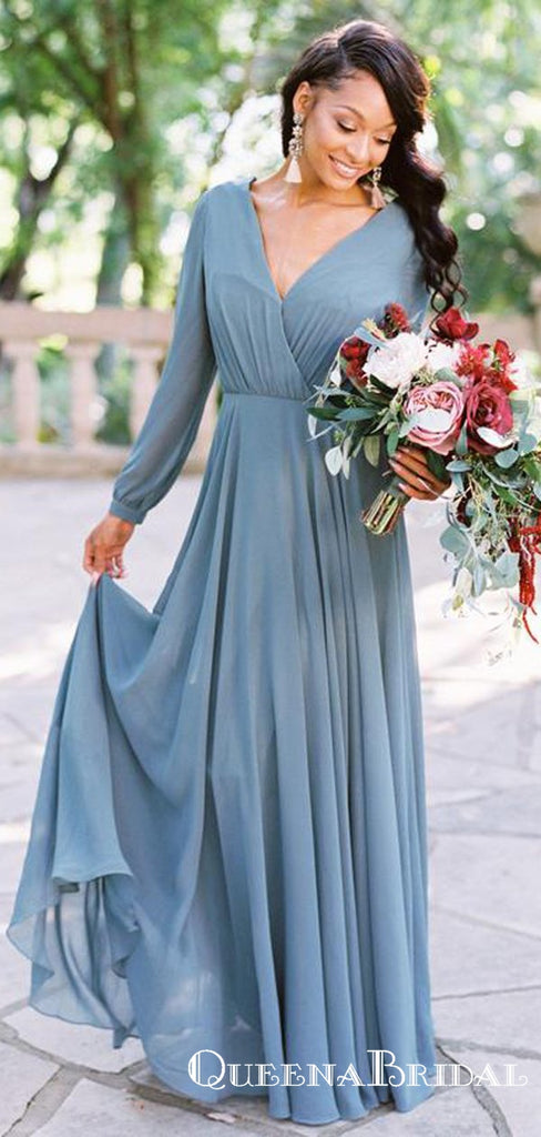 Simple V Neck Long Sleeve Backless A Line Chiffon Bridesmaid Dresses, QB0849