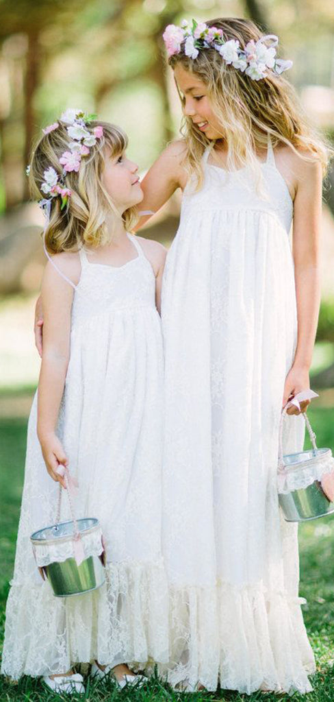 Simple Halter Sleeveless Backless White Lace Flower Girl Dresses, QB0227