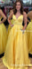 A-line Yellow Satin Spaghetti Strap Sleeveless Long Cheap Charming Prom Dresses With Pocket Beads, PDS0002