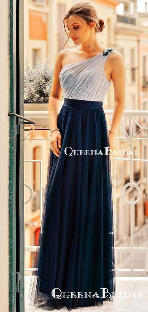 One Shoulder Sleeveless Navy Blue Tulle Side Slit A-line Charming Long Cheap Evening Prom Dresses, QB0976