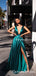 Sexy Deep V-veck Green Elastic-Silk Sleeveless A-line Side Slit Long Cheap Prom Dresses, QB0957