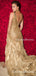 New Arrival Gergeous Sexy V-neck Sleeveless Gold Chiffon Satin Side Slit Long Cheap Beaded Prom Dresses, QB0959