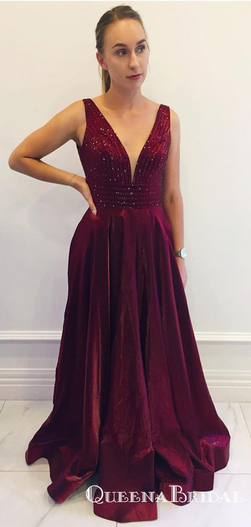 Charming V-neck Long Cheap Burgundy Prom Dresses with Beaded, QB0762