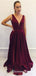 Charming V-neck Long Cheap Burgundy Prom Dresses with Beaded, QB0762