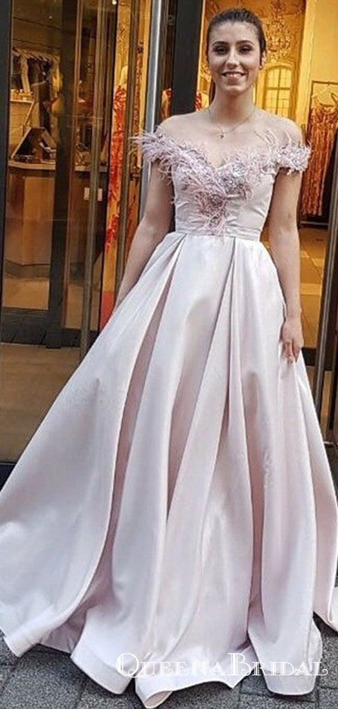 A-Line Off-the-Shoulder Long Blush Pink Satin Prom Dresses with Feather, QB0530