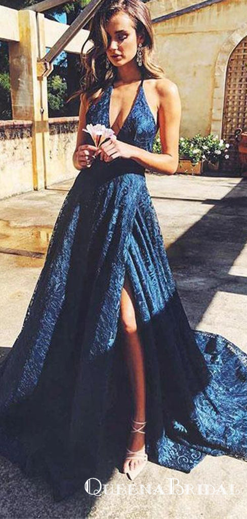 Beautiful A Line Navy Blue V Neck Split Front Long Prom Dresses, QB0752