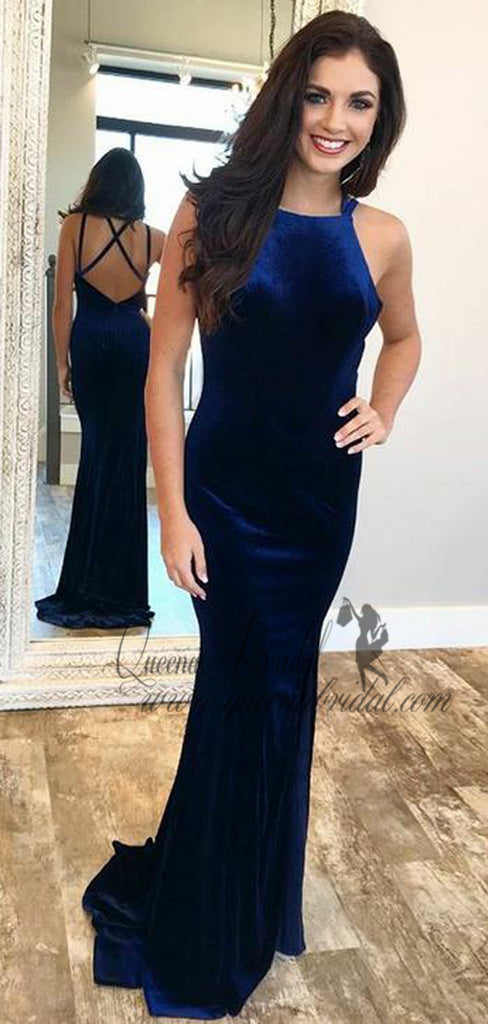 Sexy Blue Velvet Mermaid Long Cross Back Evening Prom Dresses, QB0468