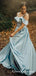 Elegant A-Line Off the Shoulder Blue Satin Long Prom Dresses, QB0570