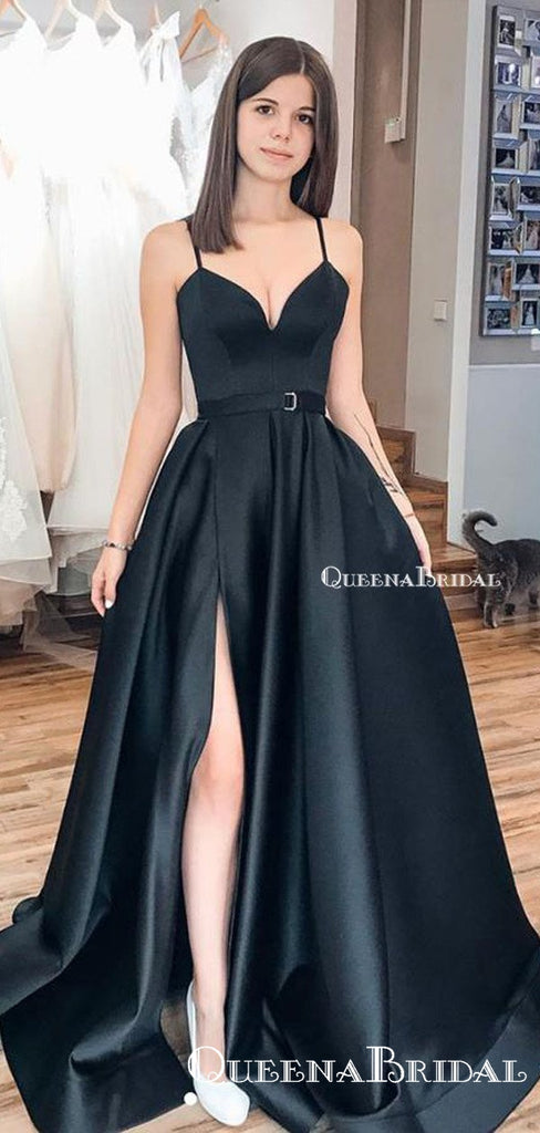 A-Line Black Satin Spaghetti Straps V-neck Simple Long Cheap Formal Prom Dresses with Pockets, PDS0038