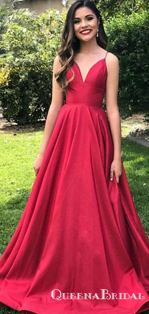 Charming A Line Spaghetti Straps Red Satin Long Prom Dresses, QB0636