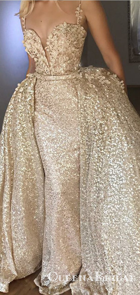 Mermaid Light Champagne Sequined Appliques Prom Dresses, QB0538