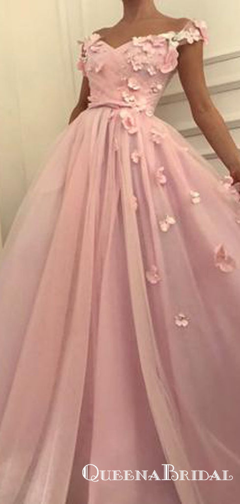 Gorgeous Flowers Beaded V-neck Off Shoulder Long Prom Dresses, QB0545