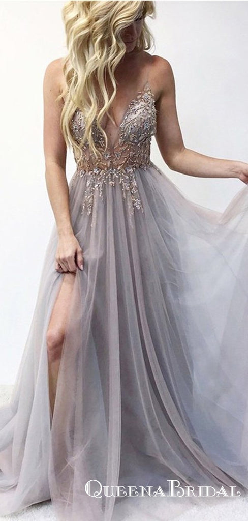 A Line Spaghetti Straps Grey Long Prom Dresses With Beading Split, QB0585