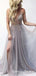 A Line Spaghetti Straps Grey Long Prom Dresses With Beading Split, QB0585