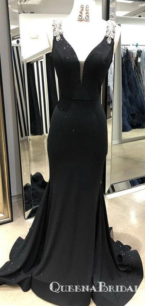 Mermaid V Neck Black Long Mermaid Prom Dresses With Beaded, QB0634