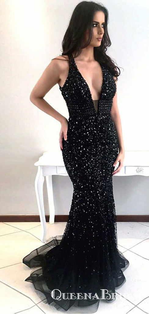 Mermaid Deep V-Neck Open Back Black Prom Dresses with Beading, QB0509